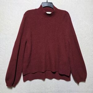 Ruby Moon Mock Neck Ribbed Sweater Balloon Sleeve Burgundy Women's Size M